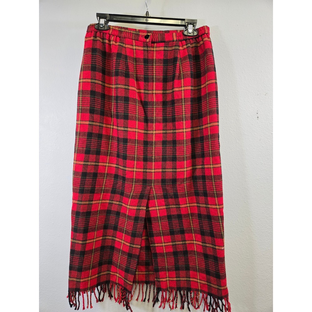 Jaclyn Smith Red Plaid Fringe Wool Blend Maxi Skirt 10 - Picture 3 of 6